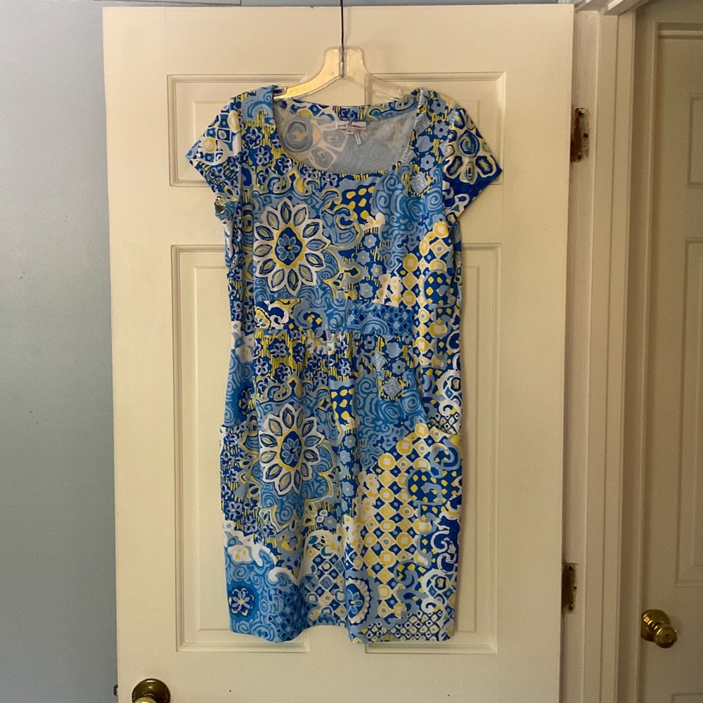 Jude Connally Blue Yellow Floral Mosaic Dress L Jude Cloth pockets stretch
